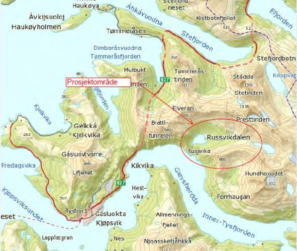 Figur 1: Øvre Russvik For Nedre Russvikvatn planlegges det en betongdam med overløp på kote 101,5, med mulighet til å regulere ned til kote 99,5.