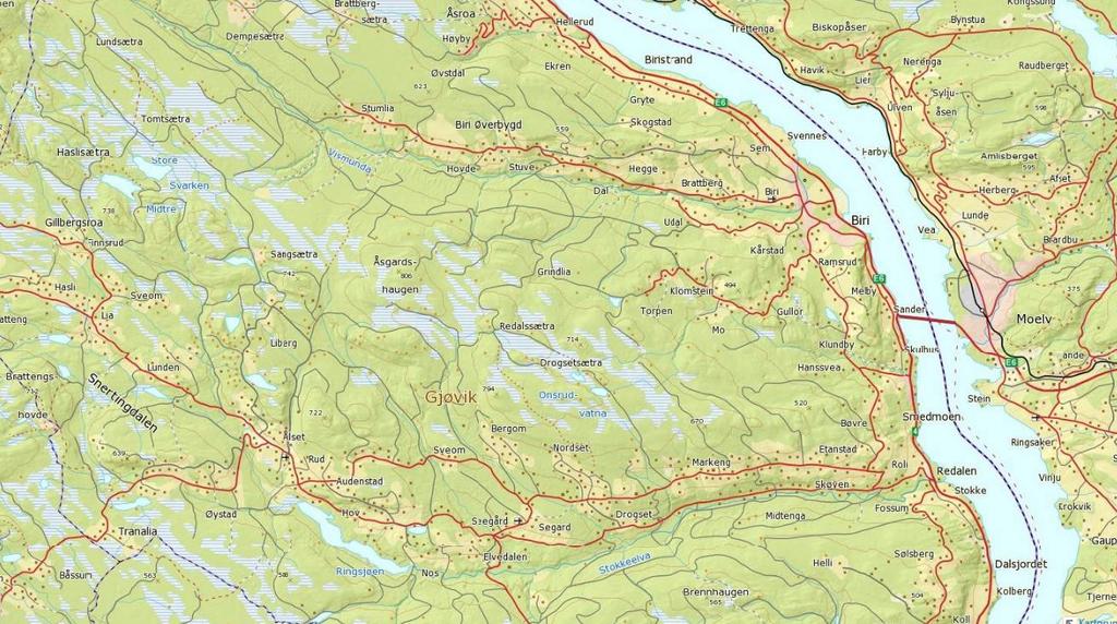 3. BESKRIVELSE AV PLANOMRÅDET. 3.1 Beliggenhet Driftsplanområdet ligger i Snertingdalen i Gjøvik kommune, og drenerer til Mjøsa via hovedelvene Stokkeelva (i sør) og Vismunda (i nord).