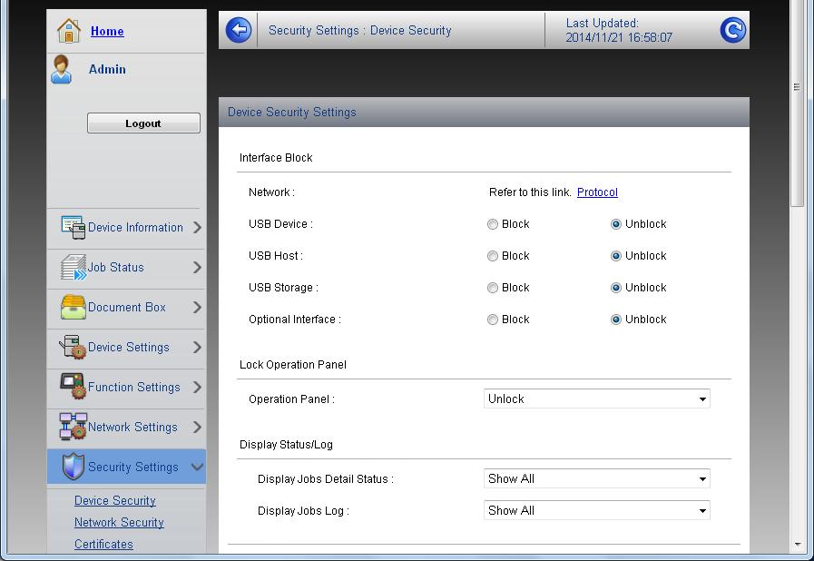 Installere og sette opp maskinen > Embedded Web Server RX 2 Konfigurere sikkerhetsinnstillingene.