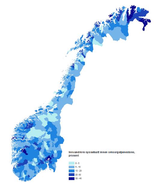 Årsverk, omsorg, innvandrerandeler, kommunefordelt 12 kommuner med innvandrerandeler over 30 prosent 40 kommuner med