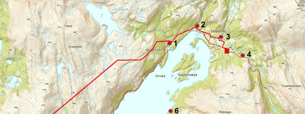 Kraftsystemutredning 2018-2037 Helgeland Side 45 Figur 6.1: Idriftsatte og planlagte kraftverk i Tosbotn (Rød linje: Ny 132 kv linje/kabel.