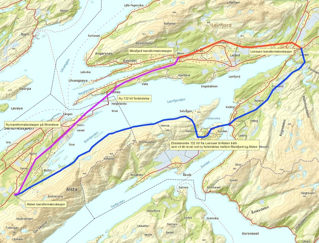 Helgeland Side 65 Forbindelsen mellom Meisfjord og landtak for sjøkabel (ca. 4,5 km luftlinje) er kostnadsestimert til ca. 15 mill. kr. Selve sjøkabelen (ca. 6 km) er estimert til ca. 74 mill.