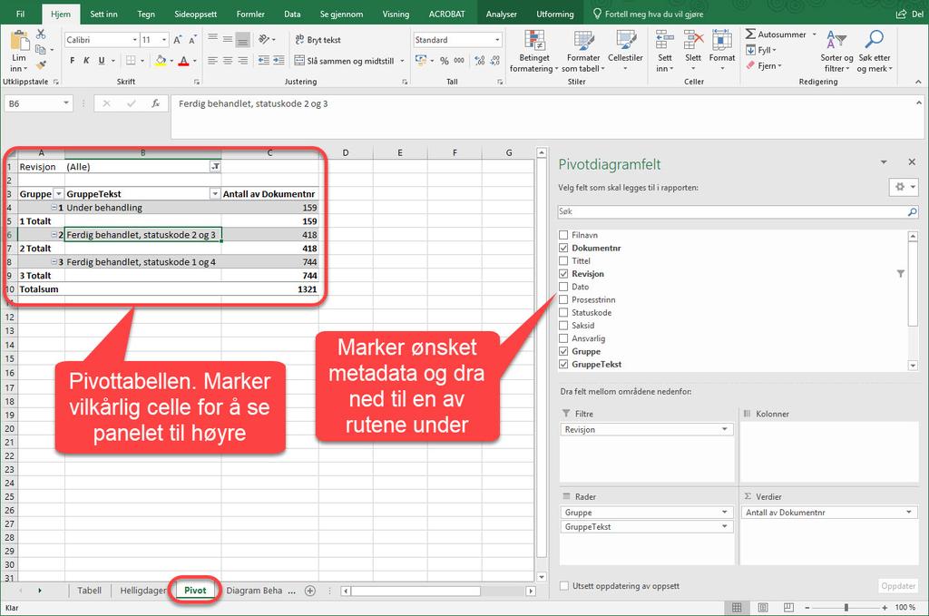 BIM2Share Rapporter: Brukerveiledning side 9/12 Du kan endre hvilke data diagrammet viser både i diagrammet og pivottabellen. Det anbefales å bruke pivottabellen, som ligger i arket som heter Pivot.