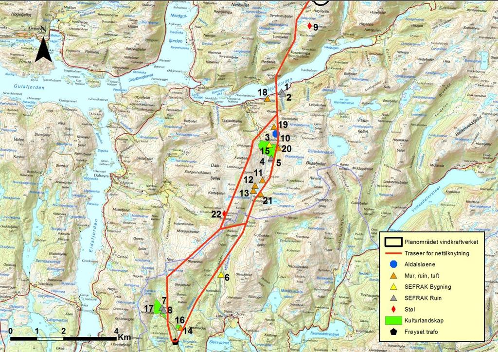 Tabell 6.3. Oversikt over kulturminner og kulturlandskap innenfor 300 meter avstand fra traseer Nr.