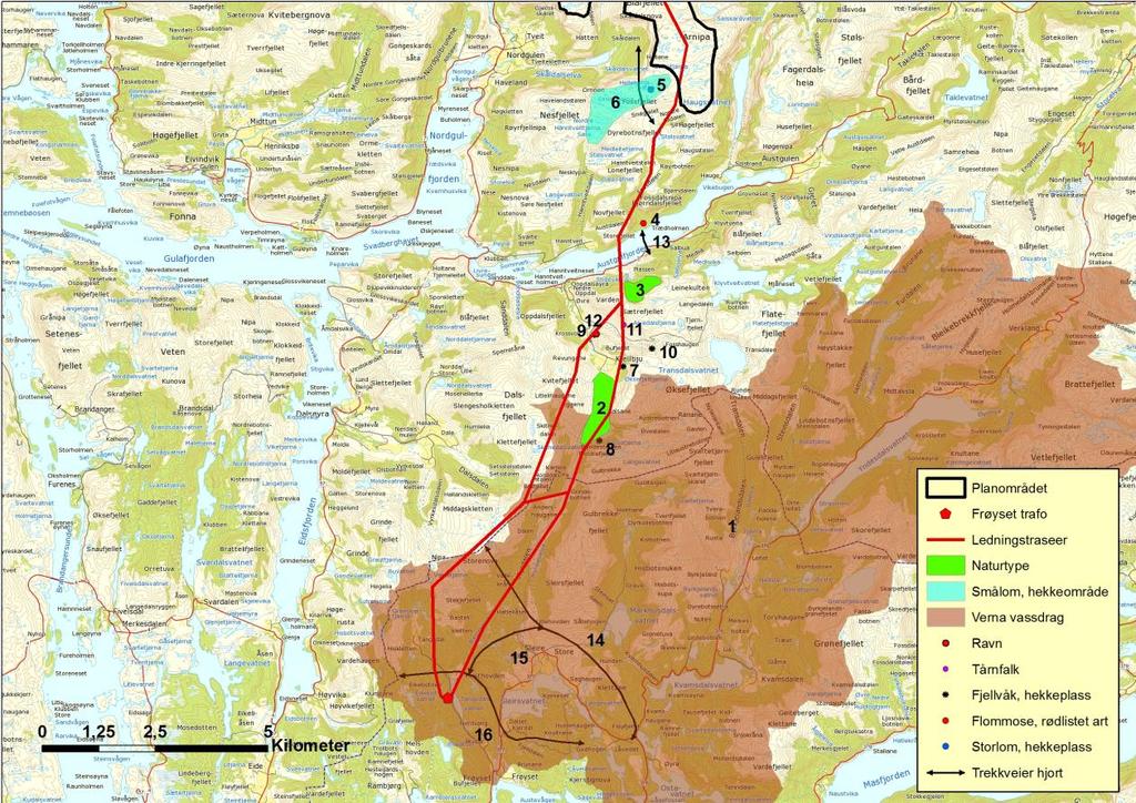 Figur 6.4. Beliggenhet av viktige forekomster av naturmangfold i traséområdet. Tabell 6.7. Oversikt over naturmangfold i influensområde for de alternative traseene. Nr.