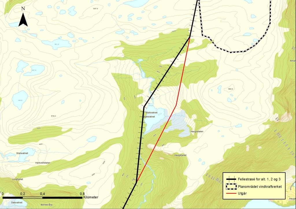 Figur 4.2. Justering av traseen ved Stølsvatnet. Like sør for Austgulfjorden splittes den felles traseen opp i to hovedtraseer, alt. 1/2 og alt. 3.