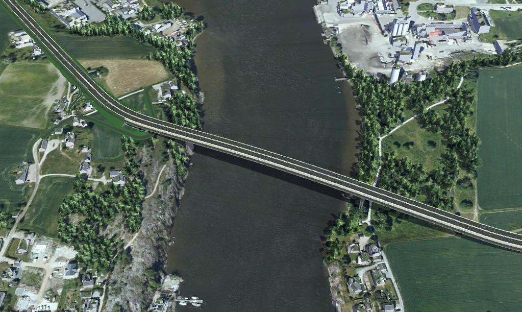 31 Figur 4-6 Utsnitt av 3D modell, viser bro over Glomma. Omberg til venstre og Torpeberget til høyre i bildet. Tilgrensende turstier og veianlegg tilpasses den nye tverrforbindelsen.