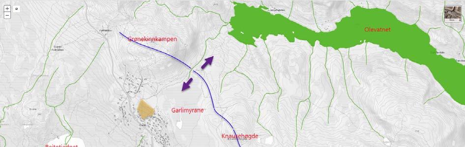 Planområdet sammenstilt med bekker/vassdrag fra Vann nett. Vannskillet antydet med blå strek. NVE sitt aktsomhetskart viser at det ikke er fare for flom i området.