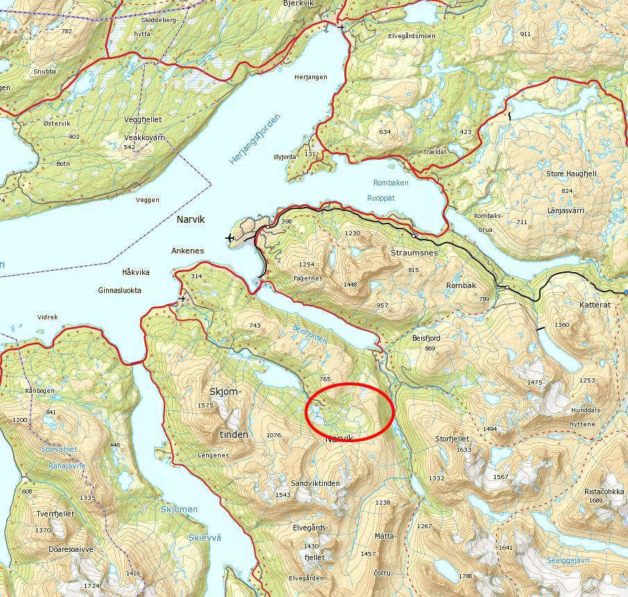 2.3 Lokalisering Utbyggingsområdet ligger i den sørvestlige delen av Narvik kommune, ca. ti kilometer sørøst for Narvik by i luftlinje, se oversiktskart (figur 2.1).