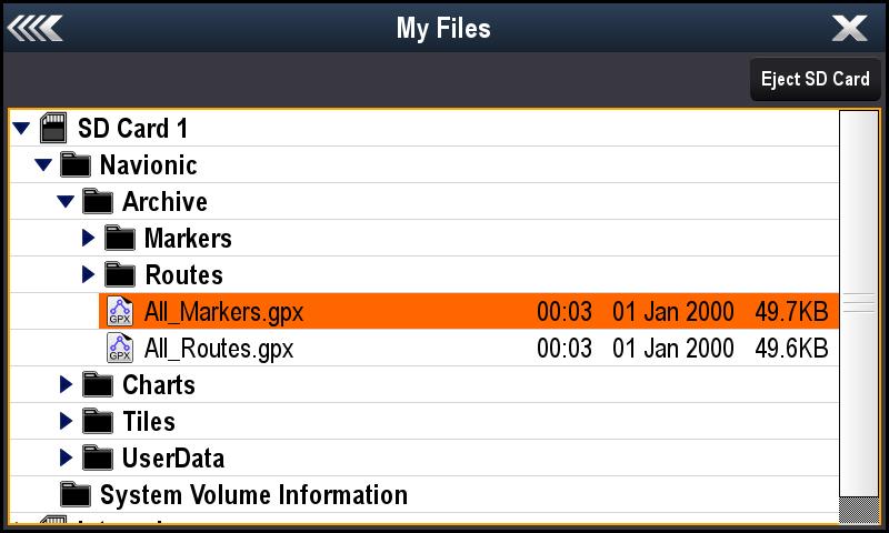 Retrieving Routes & Markers From Card Velg riktig SD brikke og finn Archive for å finne riktig GPX fil.