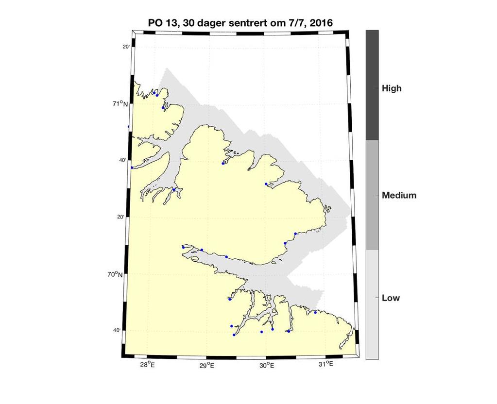 3 Resultat 2016 3.13 (2016) PO 13: Øst-Finnmark I dette produksjonsområdet vandrer hovedvekten av smolten ut rundt første havdel av juli.