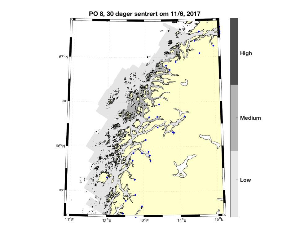 4 Resultat 2017 4.8 (2017) PO 8: Helgeland til Bodø I dette produksjonsområdet vandrer hovedvekten av smolten ut rundt midten av juni.