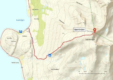 VANNTINDEN Lengde (én vei): 4,2 km. Ta ferga fra Hansnes, og fra Skåningen tar du til venstre mot Vannareid. Etter ca. 11 km kommer du til Vannøy Sjøcamping i Kvalvåg.