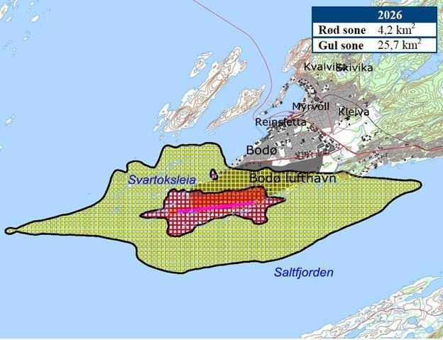 Kun deler av Bdøsjøen er frtsatt innenfr gul sne.