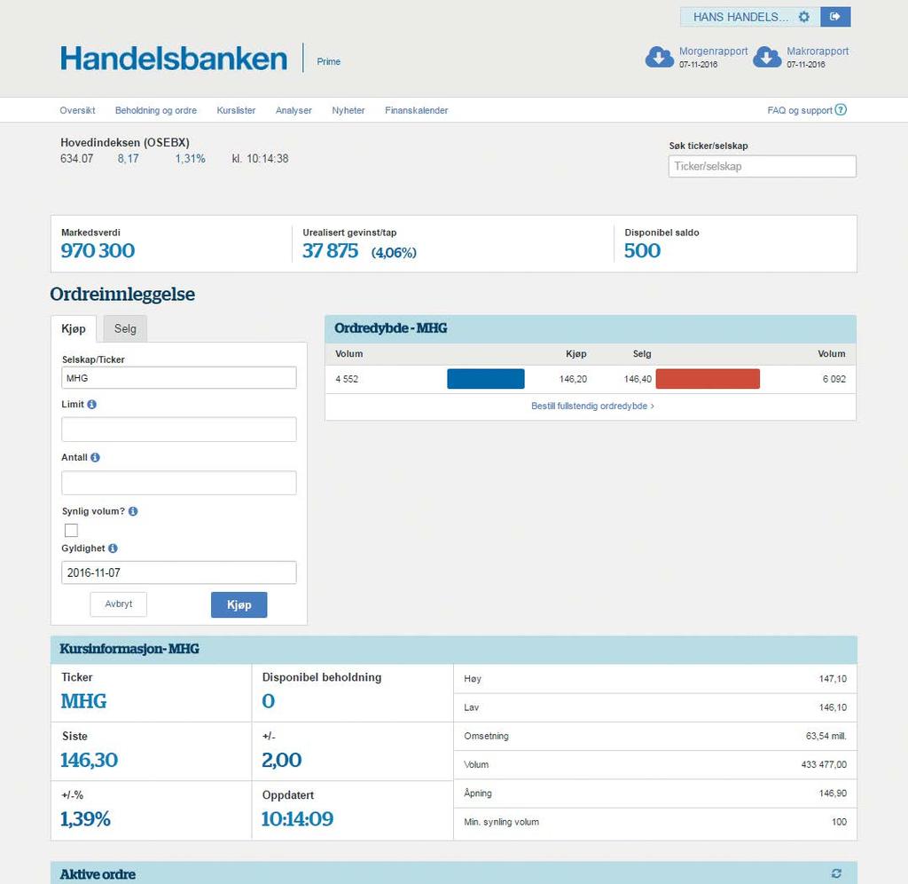 Avansert handelsbilde Slik ser handelsbildet ut dersom du går inn på en aksje og trykker «Avansert». Her har du litt flere muligheter til å detaljstyre ordren.