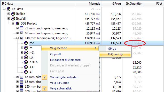 Altså endre om du ønsker at du skal benytte deg av Gprog regnede mengder, IFCquantity mengder (Mengder fra selve IFC filen) eller