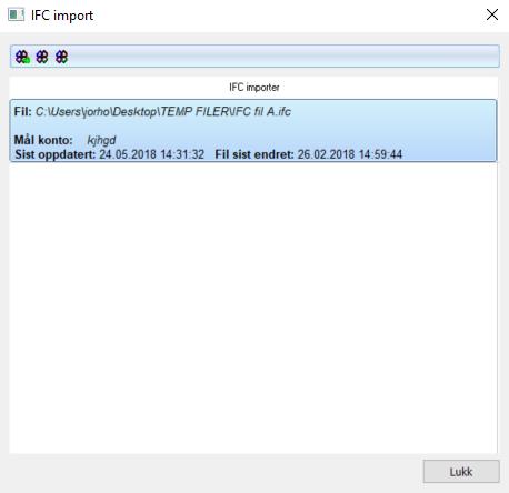 IFC-meny Under Fil->Import->IFC ligger hovedmenyen for IFC import. Her listes alle IFC filer opp som er lest inn på.ga1 filen.