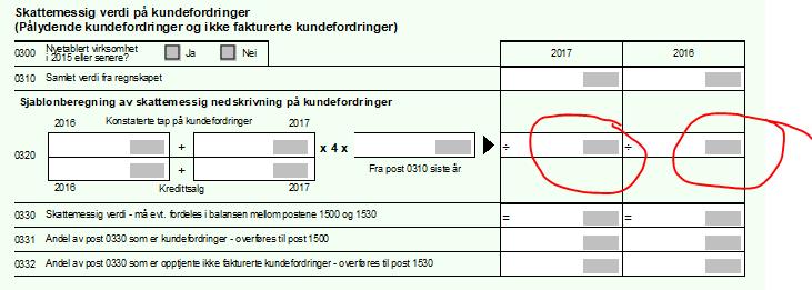 2. Næringsoppgaven Skattemessig avsetninger til tap: Det er anledning til å kreve en sjablonmessig fradrag som beregnes på side 1 i næringsoppgaven basert på en formel (nye foretak kan få 2% av