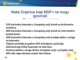 Činjenice koje MSP-i ne mogu ignorirati: EU ima više od 380 milijuna korisnika interneta 76% kućanstava u EU-u ima pristup internetu 53% građana EU-a ide na internet barem jednom dnevno Samo 29%