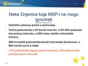 koristi društvene mreže 48% koristi internetsko bankarstvo 20% prodaje robe i usluge putem interneta U Hrvatskoj gotovo sva poduzeća koriste internet, 66% ima vlastite internetske stranice, a