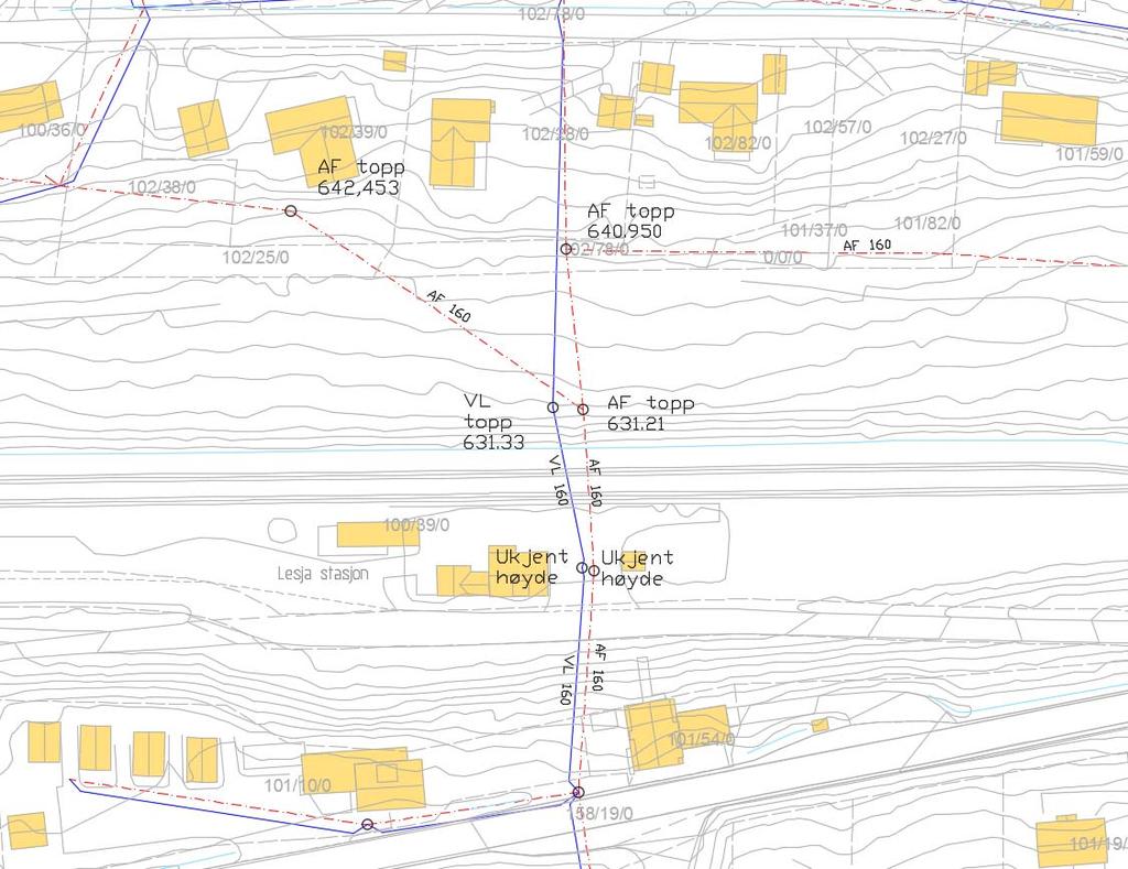 Nordplan side 7 Teknisk plan for ny veg under jernbanelinja ved Lesja stasjon Utsnitt av eksisterende VA-anlegg fra kommunen. I pel 200 på samlevegen går det i dag en VL160 og en AF160.