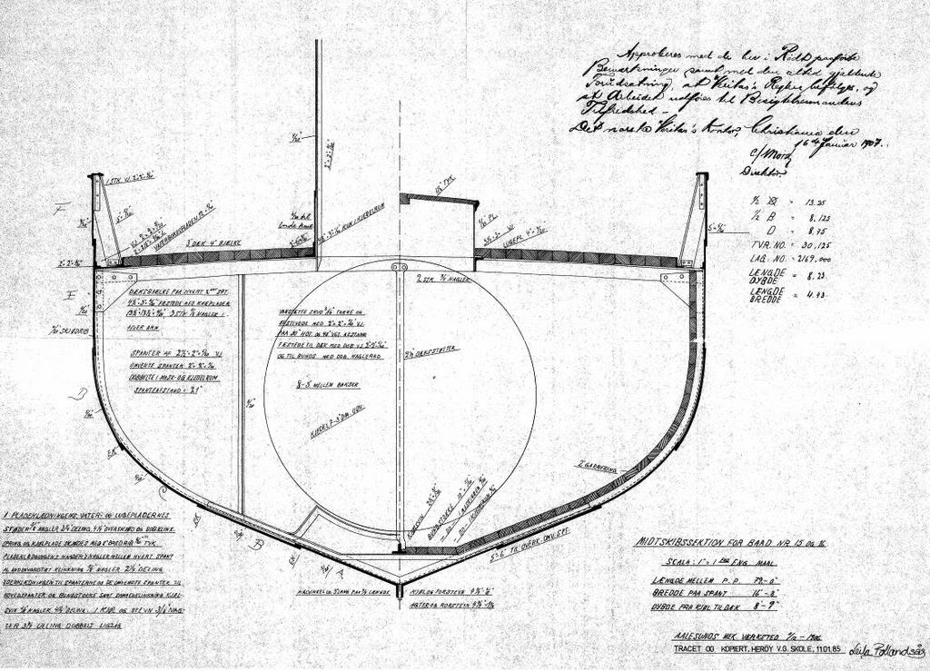 Figur 4. Midtskibssektion for Baad nr. 15 & 16. Aalesunds Mek. Værksted 11/12-1906. Tracet og kopiert, Herøy V.G. skole, 11.01.85. Tegning utlånt av Atle Remøy.