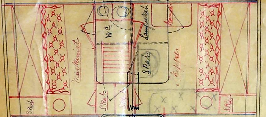 Utsnitt av figur 1: maskinistlugaren og skipperlugaren, med planlagt innredning i dekkshuset/casingen over. Aalesunds mek. Værksted, 8/12-1906. Kilde: IKA Møre og Romsdal.