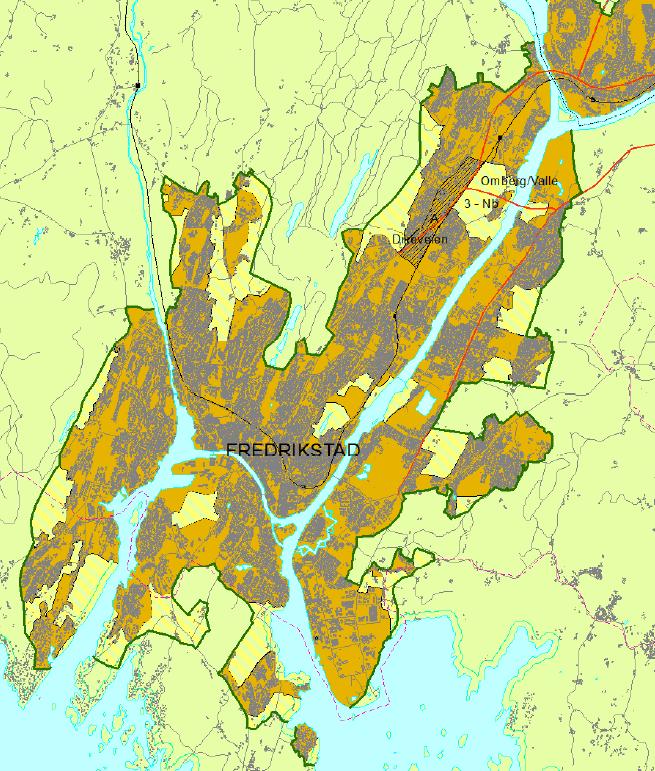 17 Figur 1: Avgrensing av tettbebyggelsen i arealstrategien i Fylkesplan Østfold. ønsker å forsterke byen som vekstområde og legger opp til at 50 % av videre boligutbygging skal skje i byområdet.