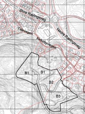 Dagens situasjon Adkomst til boligområdet B1-3 vil være fra Øvre Rælingsveg via. B1-3 planlegges bebygd med totalt 80 boenheter. er i dag en smal kommunal veg med ca.
