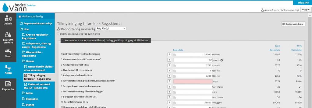 3.1.4 Data som skal fordeles på kommuner som leverer avløpsvann til renseanlegget Det ligger tre skjema under hver kommune.