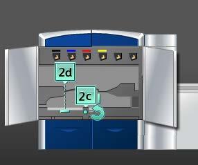 Trykk ned hendel 2d, og drei knast 2c i retningen pilen viser, for å fjerne papiret som sitter fast. 6.