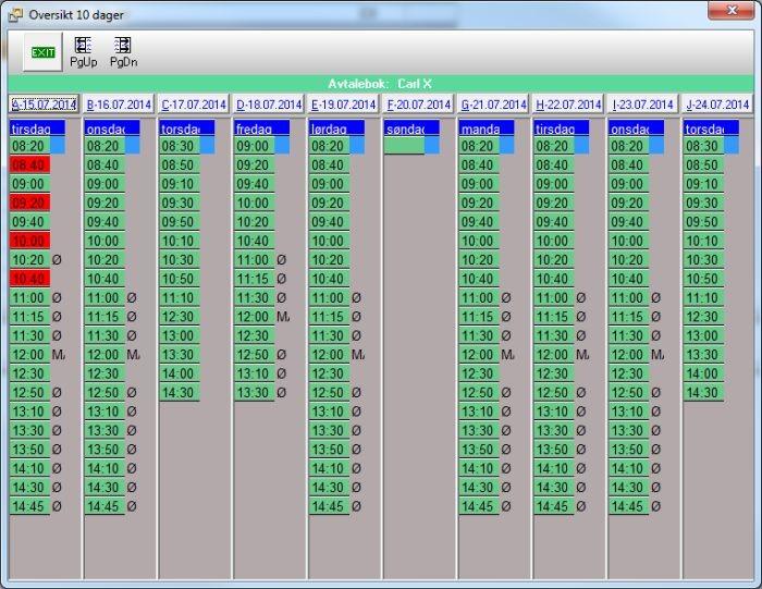 Avtalebok 121 Opptatte timer er markert med rødt, grønne er ledige. For å se på neste 10 dager trykk 'PgDn' (Page down).