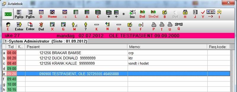 20 Hente pasient fra avtaleboka Når du befinner deg i startmenyen, trykk Alt+A for å åpne avtaleboka. Velg pasienten du ønsker å hente, og trykk Enter.