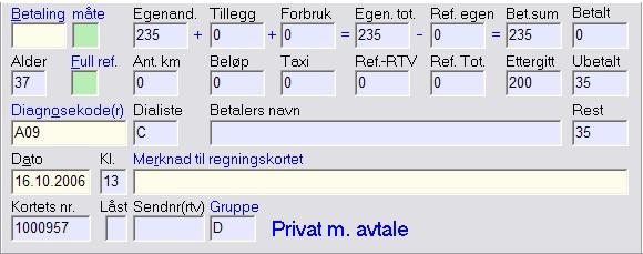 Eventuelt beløp i feltet Rest kan registreres som betalt med kort/kontanter eller overføres til giro. Trykk Alt+B for å gå til feltet Betaling, hvor restbeløpet vises automatisk.