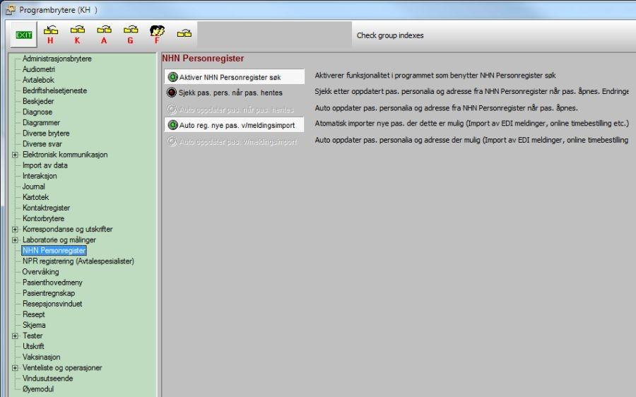 Registrere ny pasient 4.4.2 17 Nye programbrytere og kommende utvidet funksjonalitet Under opsjoner og programbrytere finner vi nå innstillingsbrytere for NHN Personregister.
