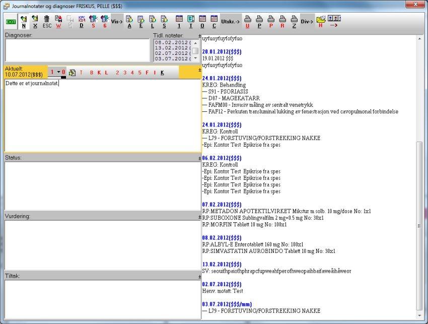18 5.1 Kurshefte Skrive journalnotat Når du befinner deg i pasienthovedmenyen, trykk Alt+J eller "J" for å åpne journalvinduet.