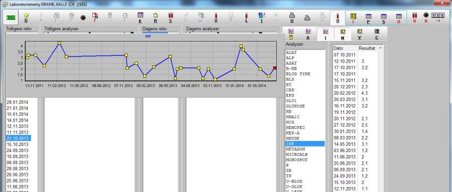 Bla deg opp/ned i listen over analyser ved hjelp av piltastene for å se datoer og resultater på hver analyse. Merk ønsket analyse, og trykk Enter for grafisk visning av analyseresultatet.