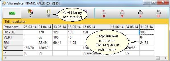 42 Kurshefte Vi ser de nye resultatene samt den nye BMI'en, med en gang i pasient hovedmenyen.