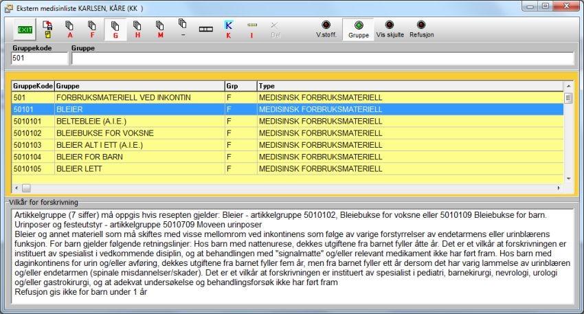 Resepter 89 Når vi har hentet opp 'Bleier' blir refusjonsparagrafen satt automatisk og blankett typen blir satt automatisk til R (blå resept). 11.