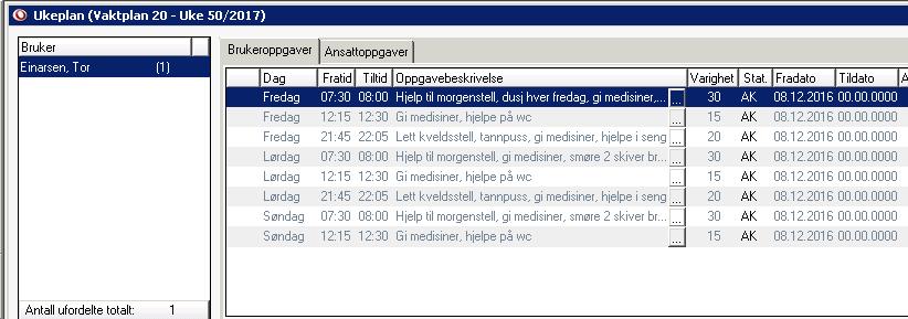 2. Kjør rapporten Automatisk fordeling på nytt. Besøket bruker har søndag må fordeles igjen.