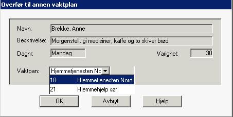 4.4.0 Start registreringen med å høyreklikke på oppgavelinje og velg overfør til annen vaktplan. Før du kommer videre må du svare ja på å lagre. 4.4.1 Velg vaktplan du vil overføre oppgaven til 4.