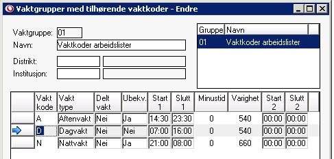 5.3 Vaktgrupper/Vaktkoder Når vi lager vaktkoder for bruk i arbeidsplanleggeren gjør vi dette så enkelt som mulig, dette er ikke en turnus som skal følge AML eller tariffavtaler.