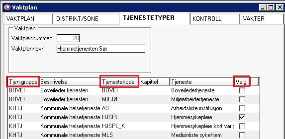 1 Tjenestetyper Under skillekortet Tjenestetyper skal vi merke hvilke tjeneste eller tjenester Profil skal hente oppgaver fra når vi genererer ukeplan for denne vaktplan.