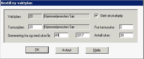 Det betyr at vi i dette bildet ser under kolonnen Tjenestekode for å finne den eller de tjenester vi vil hente oppgaver fra når vi genererer ukeplan.