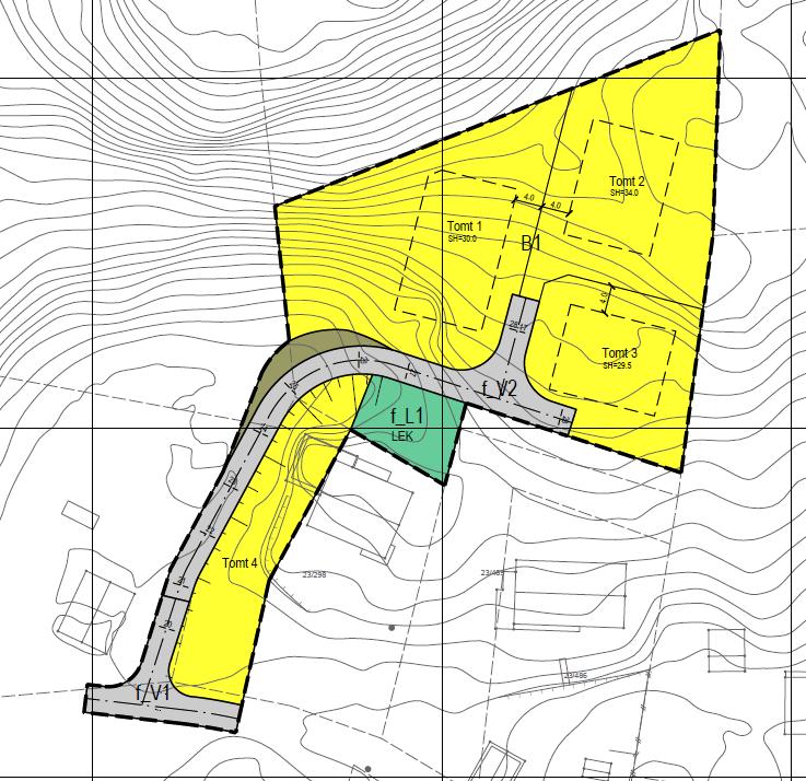 Kartutsnitt: Viser reguleringsplanforslaget. Sør for tomtene er det avsatt areal på ca. 150 m2 til lekeplass. Den foreslåtte fellesveien har en stigning på 10 % (1:10 m).