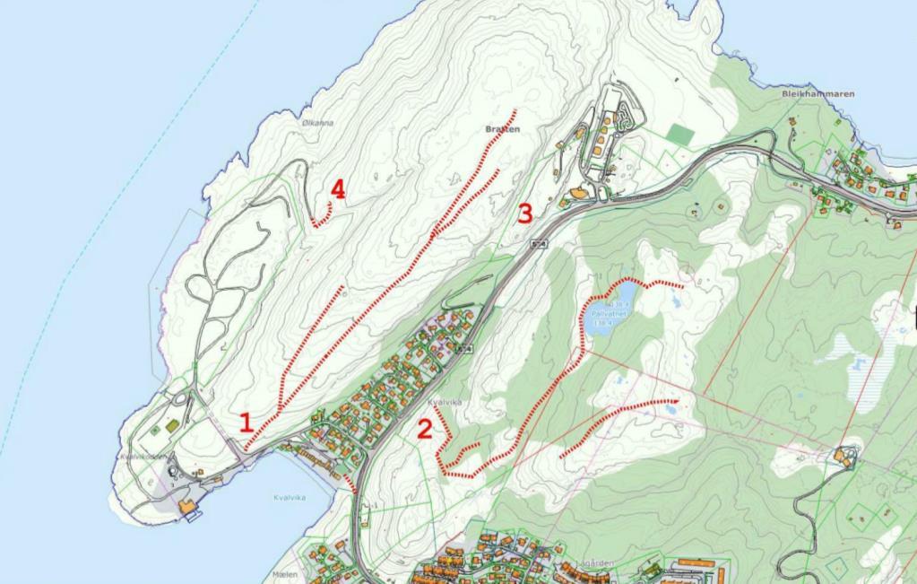 46 (58) KONSEKVENSUTREDNING ATKOMSTVEGER TIL KVALVIKODDEN Figuren ovenfor viser turområder uten tilrettelegging (Kvalvikfjellet - lys brun).