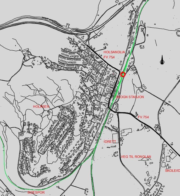 EKSISTERENDE FORHOLD Figur 1: Oversiktskart Skogn sentrum med omland, jernbanespor grønt VEG-SYSTEM Dagens hovedveg gjennom Skogn sentrum er del av den gamle stamvegen gjennom fylket, rv.50/e6.