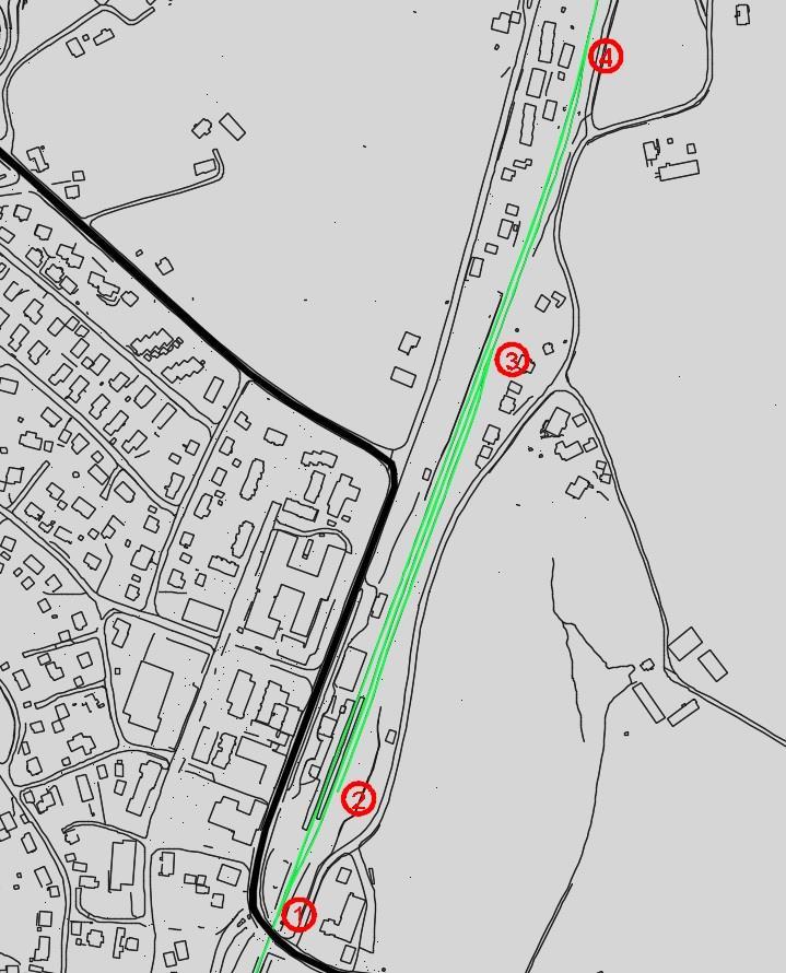 JERNBANE Figur 2: Oversiktskart spor Skogn stasjon ( grønt) Skogn stasjon er ubetjent og er stoppested for Trønderbanen. Fjerntog stopper ikke. Det er ett spor ved kryssing av fv.