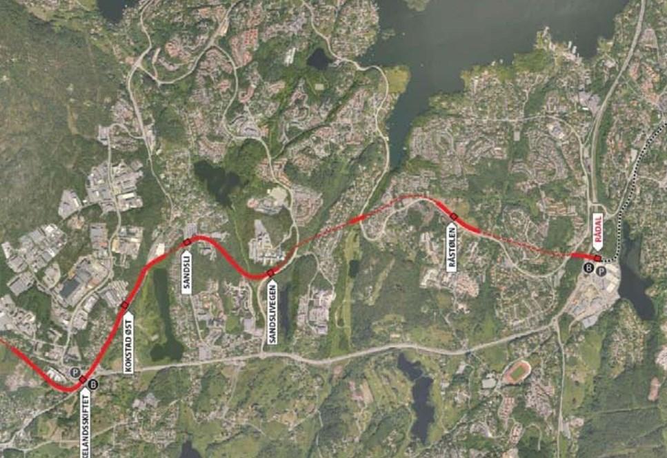 2 Kommunedelplan for bybanen Det er ca 800m fra vurderingsområdet til nærmeste bybanestopp
