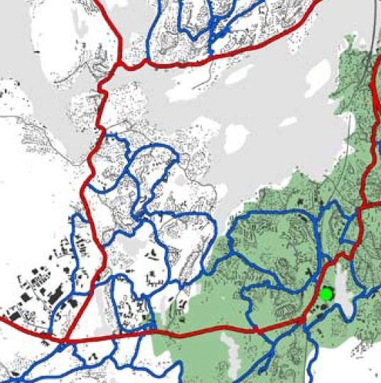 2.3 Sykkelstrategien for Bergen Planområdet grenser til bydelsrute for sykkel. Sykkelstrategi for Bergen 1010-2019. Forslag til hovedruter (rød). Forslag til bydelsruter (blå).